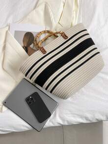 BAILEE A Casual, Stylish, Vacation-Themed Bamboo-Handled Woven Handbag. It Is Lightweight, Durable, And Has Ample Capacity. An Excellent Choice For Gifts. - Multicolor - View 11