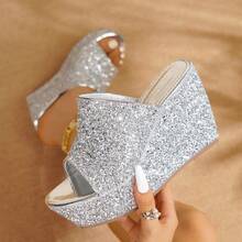 女士坡跟厚底凉鞋，优雅闪光材质高跟凉鞋，系带拖鞋，夏季户外穿着，新款时尚百搭女士拖鞋 - 銀色 - 查看 13