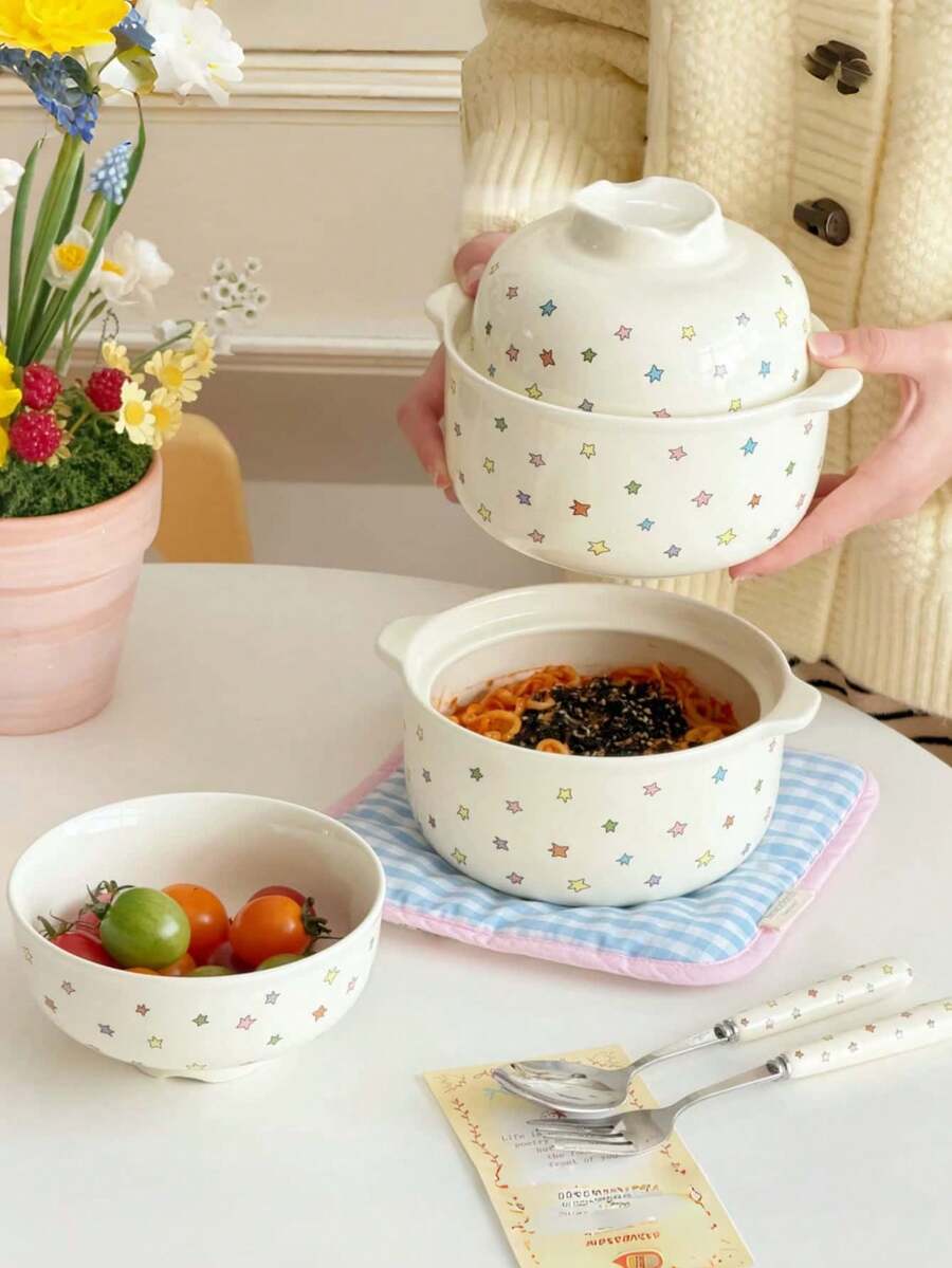 Bộ 1 bát có nắp hình ngôi sao nhiều màu sắc sáng tạo, bát mì ramen bằng gốm sứ cao cấp dễ thương, bát ăn có quai xách đôi, bộ bát trộn cơm, bát dùng cho một người trong nhà hàng, thích hợp làm quà tặng, tiệc tùng. - trắng - Xem 1