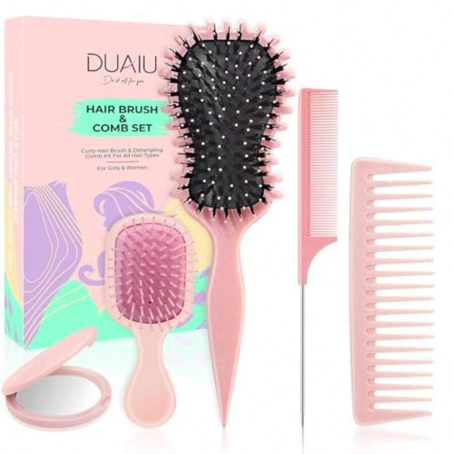 Juego de 5 cepillos para el cabello cepillo definidor de rizos para desenredar cepillo de cerdas de jabalí y peine de dientes anchos y cola de rata con espejo de viaje kit de regalo para el cuidado del cabello para mujeres hombres y rosa-B031 - Rosa - Ver 1