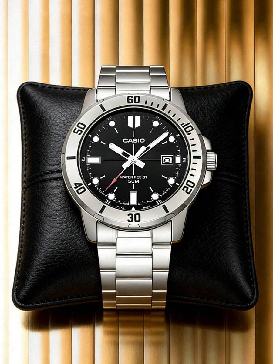 Casio STANDARD 系列剑鱼海怪海洋之心石英机芯不锈钢表带日韩风格男士腕表，黑色表盘 MTP-VD01D-1E - 黑色 - 查看 1