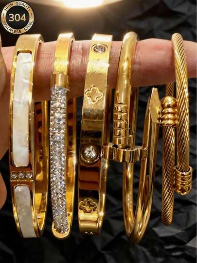 2026 Unisex 18K Gold Plated Stainless Steel Bracelet Set - Stackable Luxury Bracelet With Cubic Zirconia, Floral Carving And Geometric Ring Design, Waterproof Material Suitable For Daily Wear, Party, And Gift, Perfect For Beach Vacation Outfit, Waterproof And Fade-Resistant