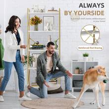 Vongrasig 5 Tier Bookshelf, Free Standing Bookcase Organizer Farmhouse Kitchen Ladder Shelves Rustic Wood Open Shelves Metal Frame, Vintage Storage Display Rack For Living Room, Bedroom Home Office - 白色+金色 - 查看 6