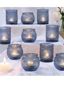6pcs Blue Glass Candle Holders Set, Vintage Glass Candle Holders, Dining Table Centerpiece Decor Tea Light Candle Holders, Wedding & Party Decoration Glass Candle Holder Set, Suitable For Party Decor, Tea Lights & Wedding Gifts - Jar Candlestick - View 1