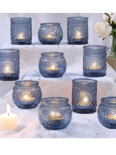 6pcs Blue Glass Candle Holders Set, Vintage Glass Candle Holders, Dining Table Centerpiece Decor Tea Light Candle Holders, Wedding & Party Decoration Glass Candle Holder Set, Suitable For Party Decor, Tea Lights & Wedding Gifts