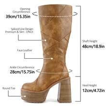 Knee High Platform For Women Chunky Round Toe High Heel Motorcycle Combat Punk Tall Boots With Side Zipper - 棕色 - 查看 6