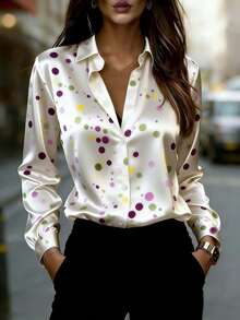 Women's Long Sleeve Button-Front Shirt With Colorful Polka Dot Pattern And Classic Collar Design White - White - View 2