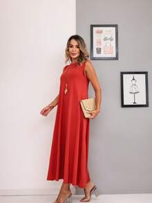 Long Dress In Viscose/Lycra Blend With Side Pockets. - 赤陶 - 查看 3