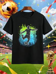 T-shirt sportiva da calcio con stampa grafica primaverile, tE S Suto di qualità, scollo rotondo, vestibilità comoda, comoda e casual. - nero - Visualizzare 1