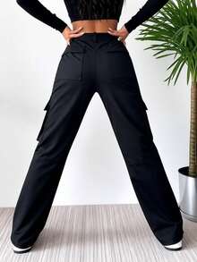 High-Waisted Straight-Leg Camouflage Work Pants Women. Slimming And Versatile. And Fashionable. Essential Daily Casual Wear..Valentine's Day Appropriate Gifts - 黑色 - 查看 3