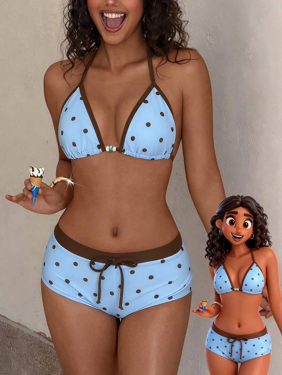 Bộ bikini nữ màu vàng chấm bi kiểu retro, thích hợp cho các buổi đi chơi, phong cách Y2K, dạo phố, nghỉ mát, bãi biển mùa hè.