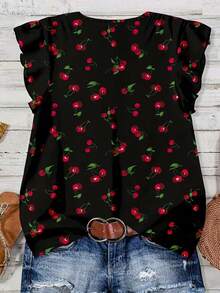 Casual Women's Black Cherry Print Blouse, V-Neck Ruffle Cap Sleeve Top With Buttons, Comfortable Woven Fabric For Everyday Or Spring - Multicolor - View 2