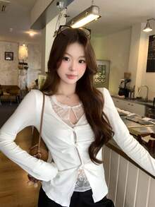 Áo nữ tay dài dáng ôm, viền ren, màu trắng, thích hợp mặc mùa xuân. - trắng - Xem 2