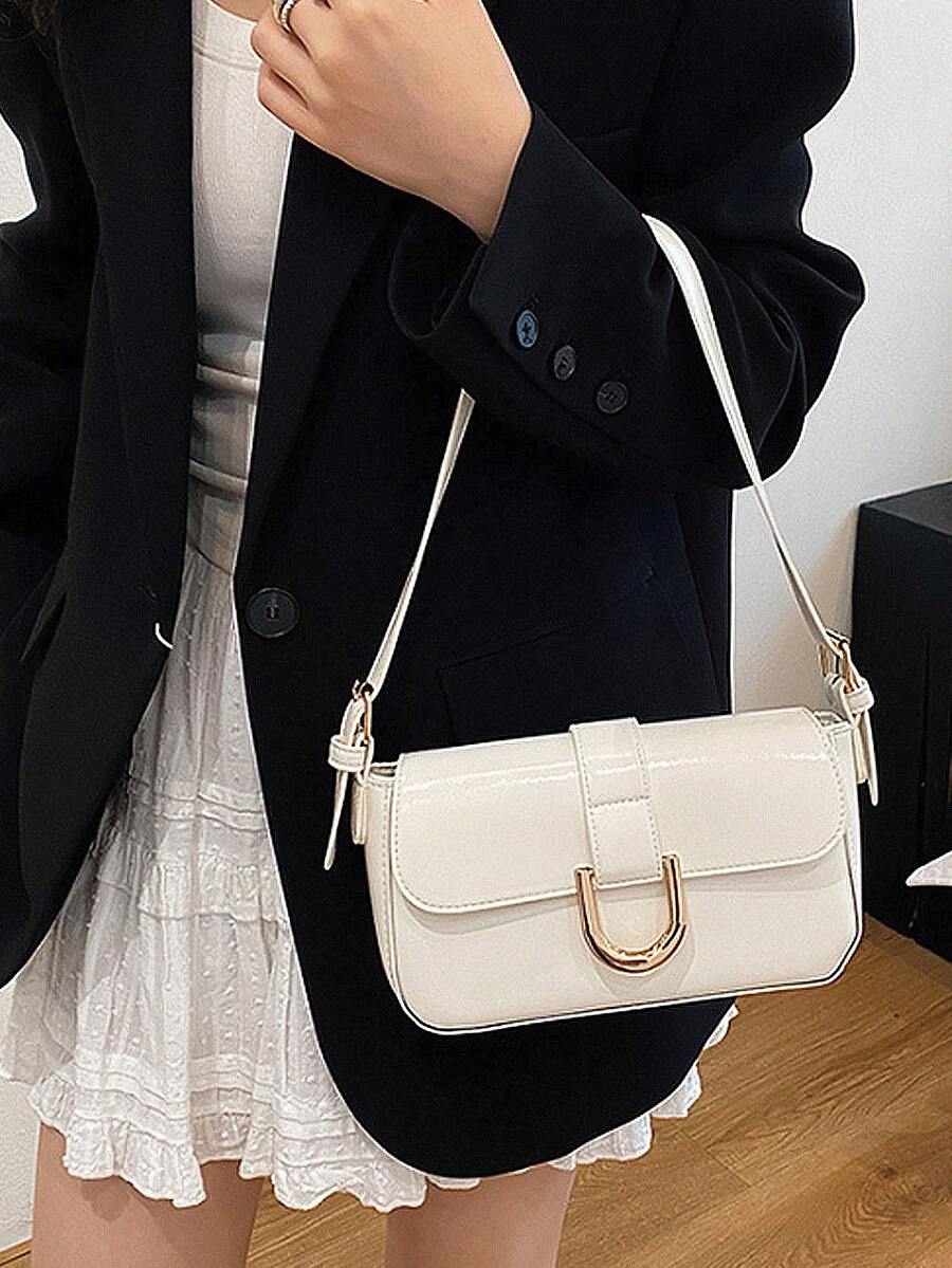 Lacquered Polyurethane Leather Handbag For Women, Burgundy Baguette Bag, Y2K Babe Bag, Shoulder/Underarm Mini Square Bag,Student Retro Inspired Bag - 白色 - 查看 1