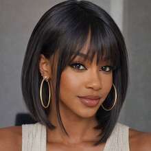 Women's Brazilian Remy Human Hair Wig - Glueless Short Bob With Bangs, 150% Density Natural Black, 100% Straight Human Hair Wig, Layered Bangs And Rose Mesh Cap, No Glue Needed, Easy To Style, Suitable For Daily Wear, Parties And Holidays - Natural Black - View 6