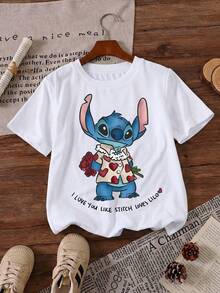 Disney Lilo & Stitch "I Love You Like Stitch Loves Lilo" Valentine's Day Hearts Printed Pattern T-Shirts For Girls - Children's Clothing Design Short-Sleeved Casual And Cute Style Comfortable And Casual Wear All Year Round Suitable For Parties And Play Machine Washable Gift Children's Clothing Girls' Short-Sleeved Shirts - 白色 - 查看 2