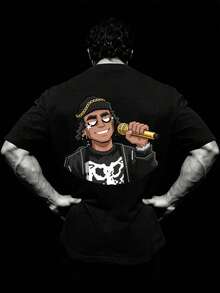 Men's New Casual Sports T-Shirt - Lightweight & Comfortable, Hiphop Singing Person Graphic Print, Suitable For Sportswear, Casual Daily Wear, Lightweight Sports Tee, Comfortable Sports Hiking Fishing Versatile Short Sleeve T-Shirt Black - Black - View 1