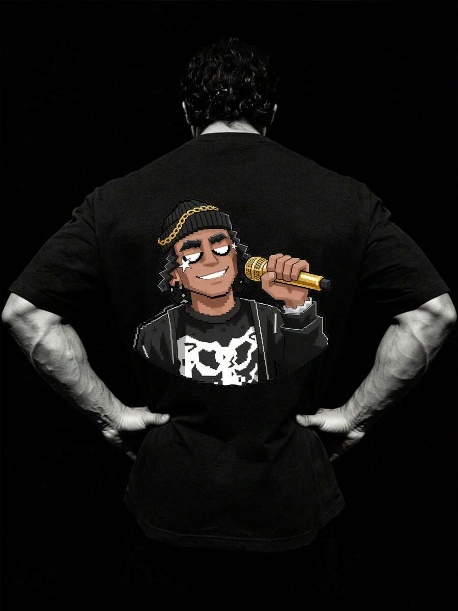 Men's New Casual Sports T-Shirt - Lightweight & Comfortable, Hiphop Singing Person Graphic Print, Suitable For Sportswear, Casual Daily Wear, Lightweight Sports Tee, Comfortable Sports Hiking Fishing Versatile Short Sleeve T-Shirt Black - Black - View 1