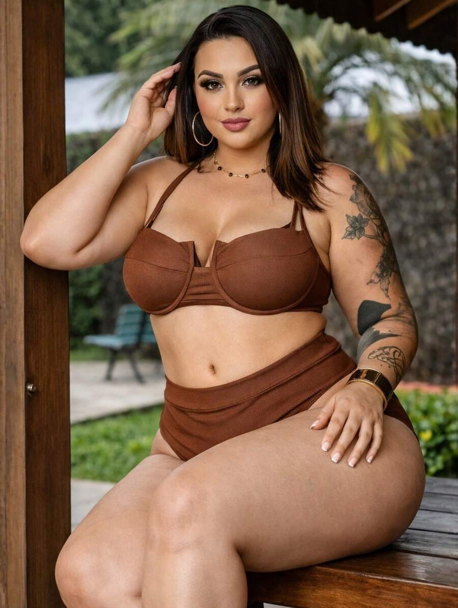 Plus Size Half Cup Bikini Set With High Waist And Adjustable Ties - Ana Ruga Women's - Rust Brown - View 1