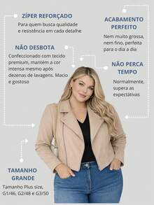 Jaqueta Feminina Plus Size de Suede Estilosa Com Botões e Zíper Prata Estilo confortável Blusa de Frio   Casual    Zíper - Bege - Visão 5