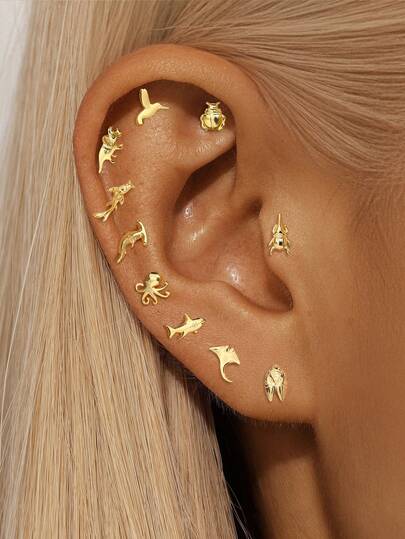 1PC 925 Sterling Silver Tiny Shark Manta Cicada Hercules Beetle Animal Hypoallergenic Flat Back Cartilage Helix Piercing Fine Jewelry For Daily Wear Wedding Party Engagement Anniversary Valentine's Day