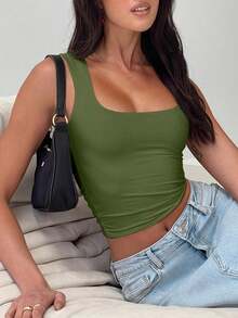 Women's Solid Color Double-Layer Pleated Square Neck Camisole, Spring/Summer Casual - Olive Green - View 2
