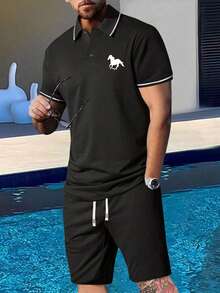 2pcs/Set Casual Polo Shirt Outfit, Short Sleeve T-Shirt With Polo Collar & Printed Pattern, Drawstring Waist Shorts, Suitable For Summer Sports, Beach, Outdoor - Black - View 2