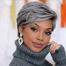 Grey Chic Pixie Cut Wig | Layered With Bangs, 180% Density, Glueless Brazilian Remy Hair, Straight Hairstyle, Comfortable Rose Net Cap, Perfect For Daily Wear & Party, Elegant Wigs - SGray - 查看 6