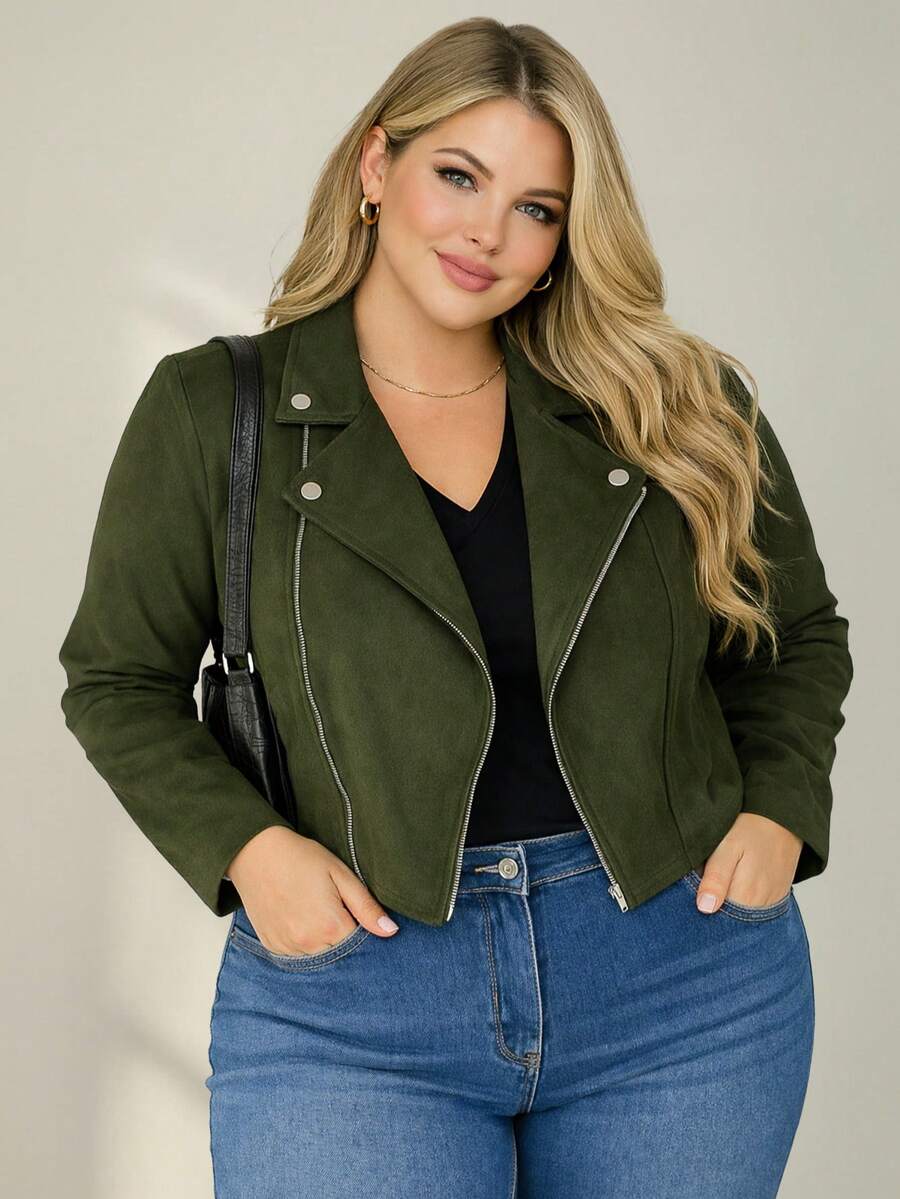 Stylish Plus Size Women's Suede Jacket With Buttons And Zipper, Silver, Comfortable Style, Casual Winter Jacket With Zipper. - 軍綠色 - 查看 1