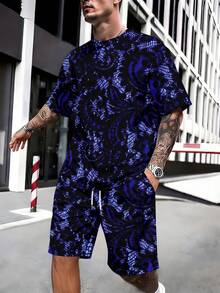 2-Piece Fresh & Bright Knit Fabric Set, Exquisite & Rich, For Men's Coastal Vacations, Summer Royal Blue Full-Print Pattern Short Sleeve & Beach Shorts Set - 彩色 - 查看 3
