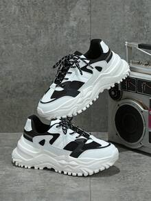 Minimalist Fashion Men's Shoes, White And Gray Colorblock, Thick Platform Wedge Sole, Casual Low-Top Lace-Up Thick Sole Sneakers. Suitable For Outdoor Hiking, Fitness Activities, Daily Commuting And Casual Wear. Unisex, Thick Cushioned Sole Provides Comfortable Wearing Experience, Suitable For All Seasons, Ideal Gift For New Year And Christmas. - Black and White - View 2