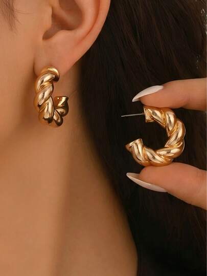 1 Pair Fashionable Minimalist Spiral Twist C-Shaped Hoop Earrings For Women, Suitable For Daily Wear, Gifts, Casual & Holiday