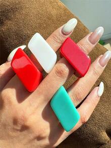 4pcs Colorful Geometric Asymmetrical Wide Resin Rings, Vintage Extra Large Ring Set, Suitable For Daily Wear, Vacation, Gift For Friends - Multicolor - View 8