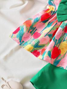Bộ đồ 2 mảnh dễ thương cho bé gái gồm áo hai dây in hoa tulip có nơ và quần short, thích hợp cho mùa xuân/hè. - màu xanh lá - Xem 4