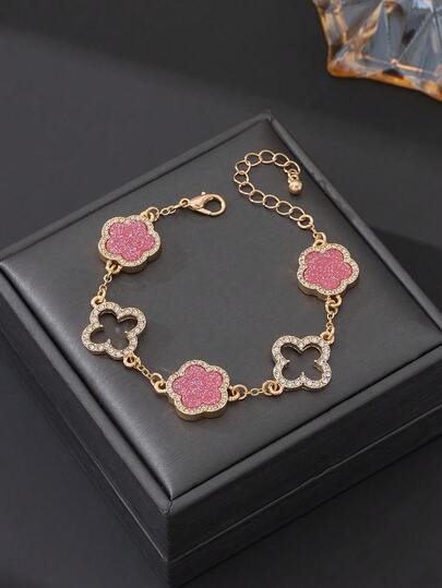 1条优雅镂空四叶草闪亮魅力奢华甜美幸运亮片粉色四叶草手链（不含礼盒）