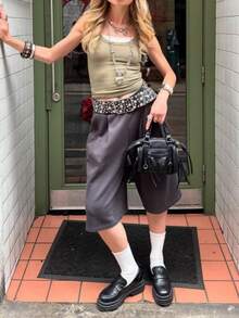 Women's Fashion Y2K Rivet Inlaid Tank Top Solid Color Sleeveless Round Neck Slim Fit Top - Army Green - View 4
