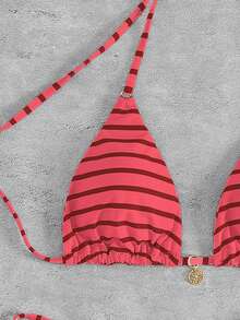 Neues gestreiftes Dreiecks-Bikini-Set mit Metallanhänger-Dekor, Spaghettiträger, rückenfrei, Party-Strand-Badeanzug für elegante Frauen - Rosa - Übersicht 7