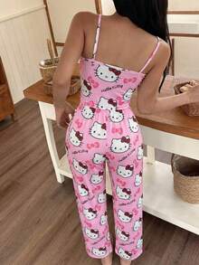 SANRIO 2pcs HELLO KITTY Pattern Women Pajama Set, Soft Tank Top And Long Pants Sleepwear, Comfortable Casual Loungewear - Pink - View 4