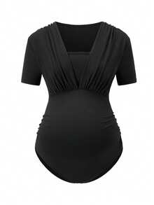 Maternity Sexy Bodysuit, Fashionable Design, Comfortable Stretchy Fabric, Versatile For Summer Outerwear And Winter Layering Black - Black - View 4