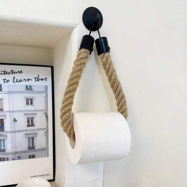 Portarrollos de papel higiénico de cuerda de cáñamo retro sin perforación montado en la pared, decoración de baño, soporte de pañuelos, accesorios de almacenamiento de baño