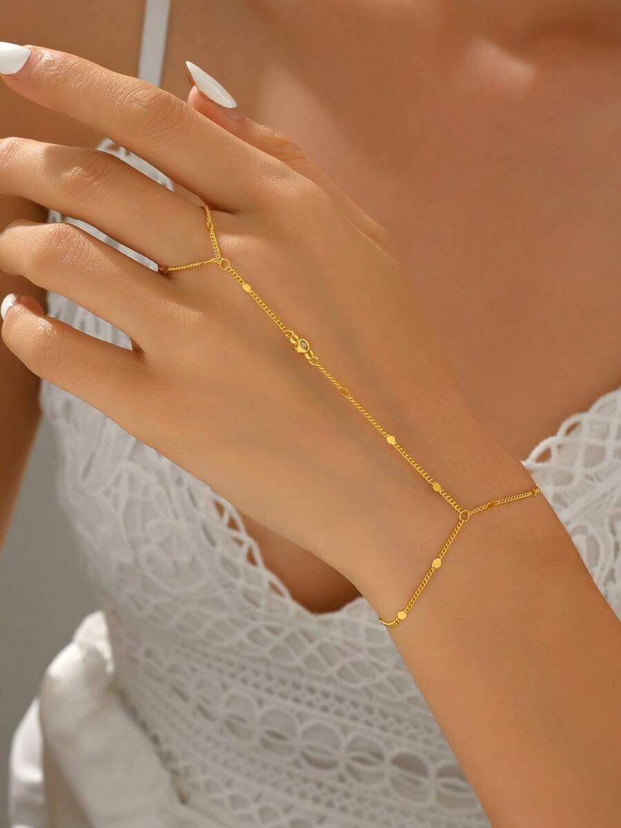 1pc Minimalist Chic Beaded Chain Finger Ring Bracelet, Versatile For Daily Wear (Handmade, Random Quantity, Avoid Water)