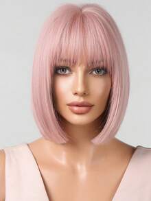 12 Inch Pink Bobo Wig With Bangs, Women's Heat Resistant Y2K Style, Suitable For Parties And Cosplay - Pink - View 5