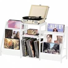 Mesa Auxiliar Negra de 3 Niveles, Soporte para Reproductor de Discos con Almacenamiento para Hasta 180 Álbumes de Vinilo, Mueble Multiusos para Sala de Estar y Recámara - Blanco moderno - Ver 2