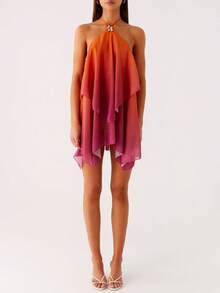 Women Ruffle Halter Neck Mini Dress Sheer Mesh Layered Open Back Dress Y2K Tiered Tie Back Going Out Dresses - 橘色 - 查看 4