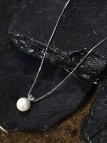 Opalesca 1pc Elegant Women Jewelry S925 Sterling Silver Necklace With Pearl & Four-Claw Set Diamond Pendant Locking Collarbone Chain Versatile Noble Party Gift Birthday Present - Silver - View 3