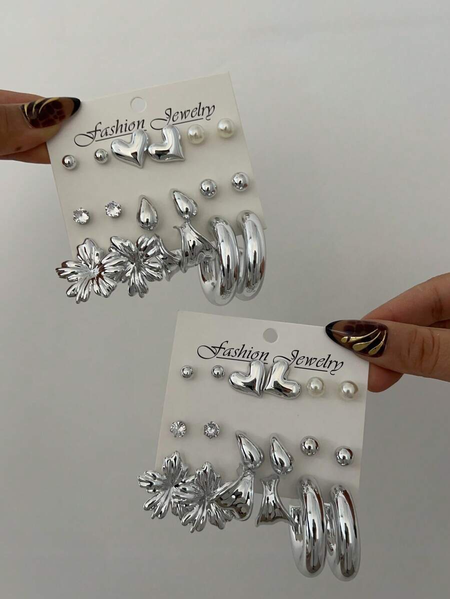 18 pièces Ensemble de boucles d'oreilles en forme de cœur torsadé asymétrique avec faux perles, style minimaliste. Convient pour les sorties, les vacances, le port quotidien, les cadeaux de fête pour femmes