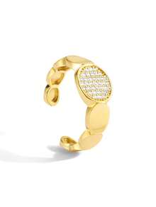 18K Gold Plated Oval-Shaped Pave Zirconia Open Adjustable Ring, Delicate Stacked Round Disc Design, Minimalist Fashion Jewelry Suitable For Daily Commute And Party, Ideal Birthday Gift For Women - Gold - View 6