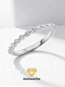 1枚优雅浪漫圆形钻石珍珠边莫桑石结婚戒指，S925纯银奢华订婚戒指、承诺戒指、周年纪念戒指、女士珠宝礼物、圣诞礼物 - 圓鑽珠邊莫桑戒指 - 查看 4