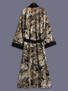 豹紋中長版長袖和服式薄款外套女款 歐美優雅派對街頭休閒度假罩衫外套 - 黑色 - 查看 4