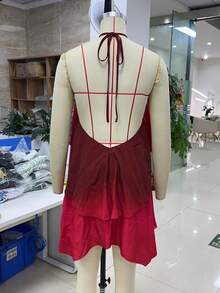 Women Ruffle Halter Neck Mini Dress Sheer Mesh Layered Open Back Dress Y2K Tiered Tie Back Going Out Dresses - 玫紅色 - 查看 7